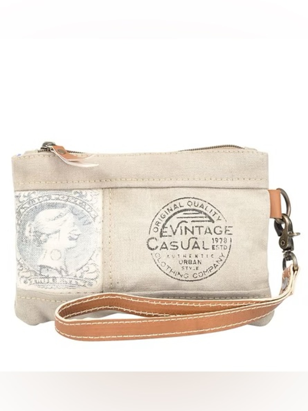 CLEA RAY SKU: 55516
Canvas Stamp Wristlet Pouch MADE OF UPCYCLED CANVAS NWT